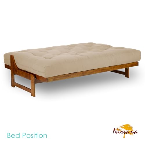 Arden Futon Set - Full Size Futon Frame with Mattress Included (8 Inch Thick Mattress, Twill Khaki Color), Heavy Duty Wood, Popular Sofa Bed Choice Nirvana Futons