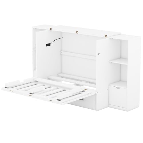 Queen Murphy Bed Wall Bed with Storage and Bookcase Headboard, Solid Wood Murphy Cabinets Bed with Shelves, Drawers and USB Ports, Multi-Function Platform Bed for Home Office, Guest Room - White Harper & Bright Designs