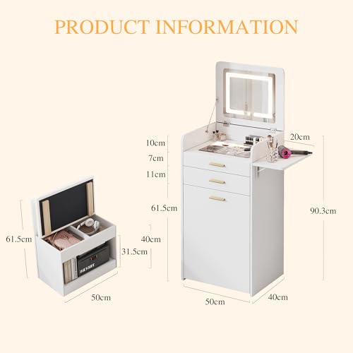 KDCAS 3 in 1 Small Vanity Desk with Flip Top Mirror and Lights| 20" Compact Makeup Vanity Set with Hidden Storage Stool & 2 Drawers| Mini Dressing Table for Bedroom(White) KDCAS