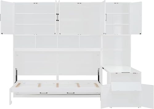 Virubi Twin Horizontal Murphy Bed with Desk and Wardrobe Closet,Wood Twin Folding Murphy Wall Bed with Storage Shelves Cabinets and Drawers for Adult (White) Virubi
