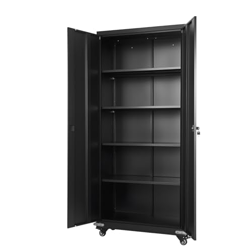 VEVOR Metal Storage Cabinet, 72.6 in Rolling Steel Garage Cabinet with 4 Adjustable Shelves, 2 Magnetic Doors & 2 Keys, 5 Tiers Lockable Tool Storage for Pantry, Warehouse, Basement, Office, Black VEVOR