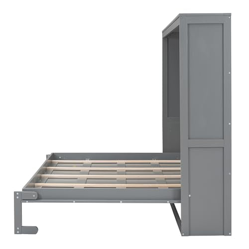 MERITLINE Queen Horizontal Murphy Chest Bed,Wood Folding Grey Murphy Chest Bed Cabinet for Adults No Box Spring Needed MERITLINE