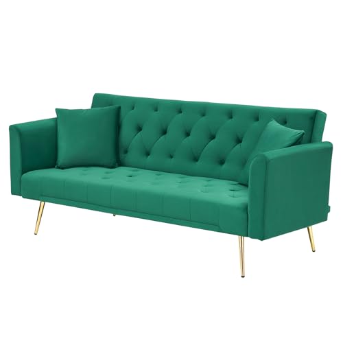 71" Modern Velvet Sofa Bed Futon, Convertible Sleeper Couch with Adjustable Backrest, Tufted Recliner Loveseat with Golden Chrome Legs & 2 Pillows for Small Spaces, Living Room, Apartment (Green) Generic