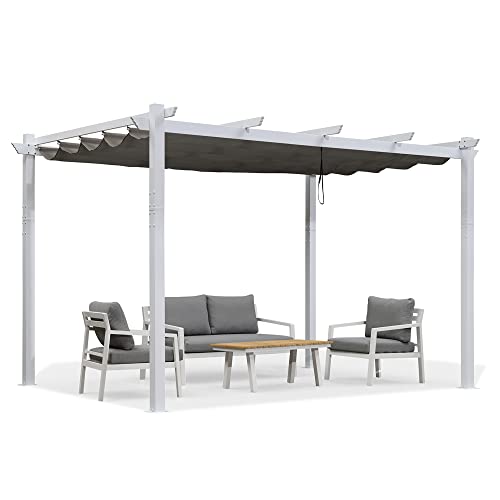 PURPLE LEAF 10' x 13' Outdoor Retractable Pergola Heavy-Duty Aluminum White Pergola with Sun Shade Canopy Patio Modern Shelter for Garden Yard Deck Grape Trellis, Grey PURPLE LEAF