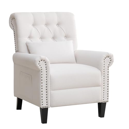 choairy Pushback Recliner Chair, Accent Push Back Chair with Adjustable Footrest, Upholstered Linen Fabric Reclining Sofa with Side Pocket, Comfy Modern Armchair for Living Room, Beige