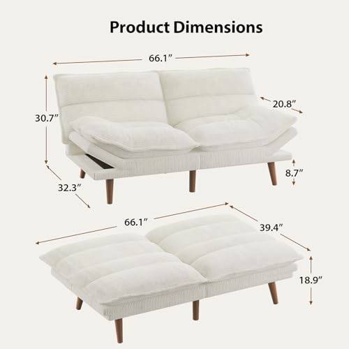 Pipishell Futon Sofa Bed, Convertible Futon Adjustable Backrest & Armrests, Corduroy Sleeper Couch for Small Spaces, Living Room, Office, Guest Room (Pearl White, 66 Inch) Pipishell