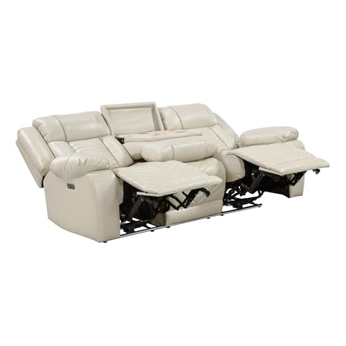 Lexicon Wall Hugger Power Double Reclining Sofa with Center Drop-Down Table, Faux Leather Home Theater Seating with LED Lighting/USB Charging Ports/Wireless Charger/Cup Holders, Magazine Pocket, Beige Lexicon
