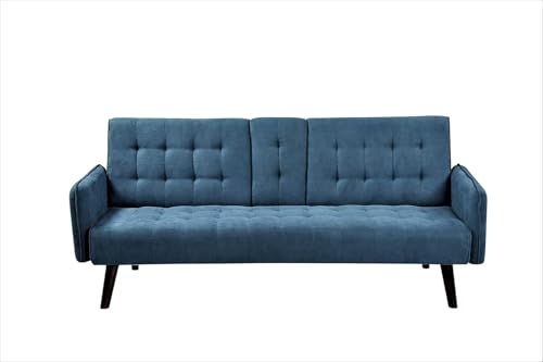 Container Furniture Direct Leno 72" Sleeper Sofa Bed - Convertible Folding Backrest to Full Bed with Cup Holder & Drop-Down Table - Space Saving Linen Sofa for Small Spaces - Easy Assembly, Blue Container Furniture Direct