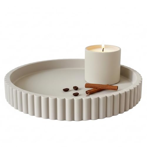 Wageso 13" Round Solid Concrete Decorative Tray - Heavy Duty Fluted Centerpiece for Coffee Table, Serving, Patio, Home Office & Entryway - Modern Home Decor Trays(Gray) Wageso