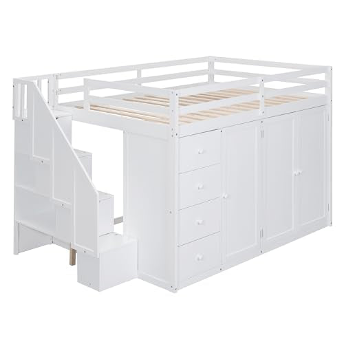 Ball & Cast Full Size Loft Bed with Storage Staircase & Safety Guardrail,Sturdy Wood Bedframe W/ 3 Cabinets & 4 Drawers,Built-in Wardrobes,Space Saving,for Boy Girl Kids Small Bedroom Dormitory,White Ball & Cast