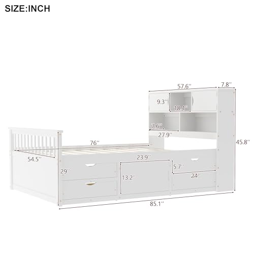 Merax Full Size Modern Captain Platform Bed Frame with Storage Shelves, 4 Drawers & Bookcase Headboard, White Merax