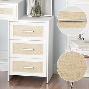 Maupvit Rattan Vanity Desk with Mirror and Lights, Boho Makeup Vanity Table Set with Nightstand, 5 Drawers & 10 Bulbs, Metal Silver Handle, 3 Open Shelves, Dressing Table with Cushioned Stool (White) Maupvit