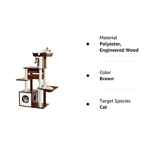 PEQULTI 51.4 Inches Modern Cat Tree Premium 6 Levels Wooden Cat Tower with Fully Sisal Covered Scratching Posts, Cozy Condo, Spacious Perch, Super Large Hammock and Swing Tunnel for Indoor Cats Brown PEQULTI