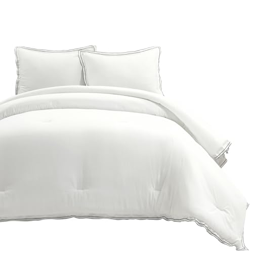 Lush Decor Hampton Double Flange Embroidered Contrast Edge Cotton Comforter Set, 3 Piece Set, King, White & Black - Hotel Bedding Set - Black Trim - White Comforter - Minimalist Decor Lush Decor