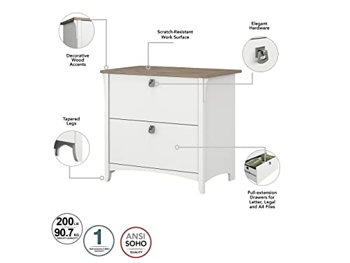 Bush Business Furniture Salinas 60W L-Shaped Desk Set with Hutch, File Cabinet, and Bookcase in Shiplap Gray and Pure White Bush Business Furniture