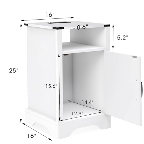 RoyalCraft Farmhouse Nightstand with Charging Station, Tall Bedside Table with Large Storage Room and Shelf, Wooden Rustic End Table for Bedroom, Living Room (White) RoyalCraft