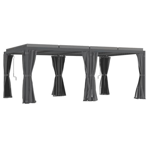 Outsunny 12' x 19' Louvered Pergola Hardtop Gazebo with Adjustable Aluminum Roof and Frame, Outdoor Pergola with Curtains and Netting, for Garden, Lawn, Backyard, and Deck, Dark Gray Outsunny