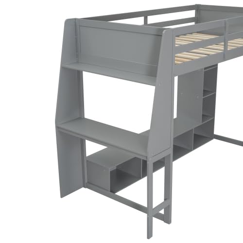 Wooden Gaming Loft Bed with LED Desk, Twin Size Gaming Loft Bed with Storage Shelves and Hanging Clothes Rack, Grey Bellemave