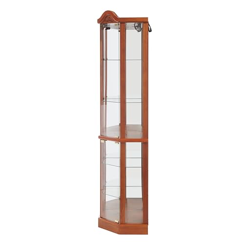 Ball & Cast 72" H Lighted Corner Curio Cabinet with Curved Top Carving,Glass Display Cabinet with 6 Tempered Adjustable Glass Shelves and Doors,Light Bulb Included, Rack for Liquor Storage,Oak Ball & Cast