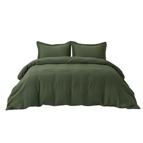 Bedsure Luxury Waffle Duvet Cover King Size - Textured Duvet Cover Set, Soft, Breathable Bedding Set (104"x90") with 2 Pillow Shams for All Season, Olive Green, Comforter Not Included Bedsure