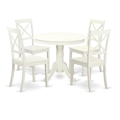 East West Furniture ANBO5-LWH-W 5 Piece Dinette Set for 4 Includes a Round Kitchen Table with Pedestal and 4 Dining Chairs, 36x36 Inch, Linen White East West Furniture