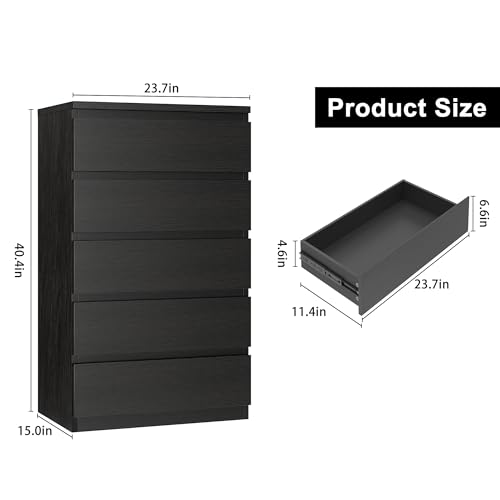 Jocoevol Black 5 Drawer Dresser for Bedroom, 15" D x 23.7" W x 40.4" H in Simply Chest of Drawers, Wood Storage Dresser with Drawers for Living Room Hallway Entryway, Black Jocoevol