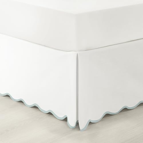 Lush Decor Coastal Chic Scalloped Edge Linen-Textured Bed Skirt Single, King Blue & White - White Bed Skirt King Size - Coastal Decor - Wrap Around Bed Skirt Lush Decor