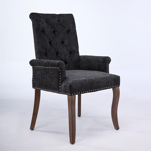 KIUMU Upholstered Tufted Chenille Dining Chairs with Arms & Nailhead Trim – Solid Wood Frame & Legs, Modern Farmhouse for Dining, Kitchen & Living Room (Set of 1, Black) KIUMU