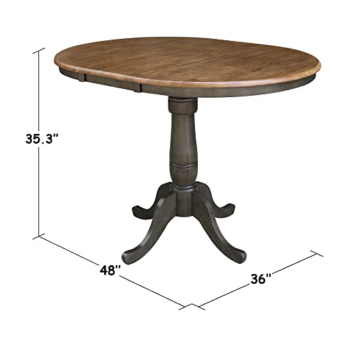 IC International Concepts 36" Round Top Pedestal 12" Leaf-35.3" H-Counter Height Dining Table, Hickory/Washed Coal IC International Concepts