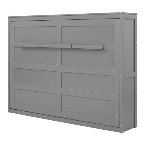 MERITLINE Full Horizontal Murphy Chest Bed,Wood Folding Grey Murphy Bed Cabinet for Adults No Box Spring Needed MERITLINE