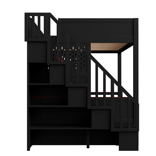 Merax Full Size Gaming Loft Bed with Desk, Wood Loft Bed Frame with LED Light, Charging Station, and Storage Staircase, for Kids, Teens, Boys Girls,Black Merax