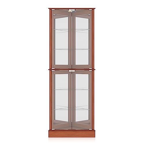 BELLEZE Lighted Accent Corner Display Curio Cabinet with Tempered Glass Doors and Shelves, Classic Wood Cabinet with Bulb, Corner Curio Storage Rack BELLEZE