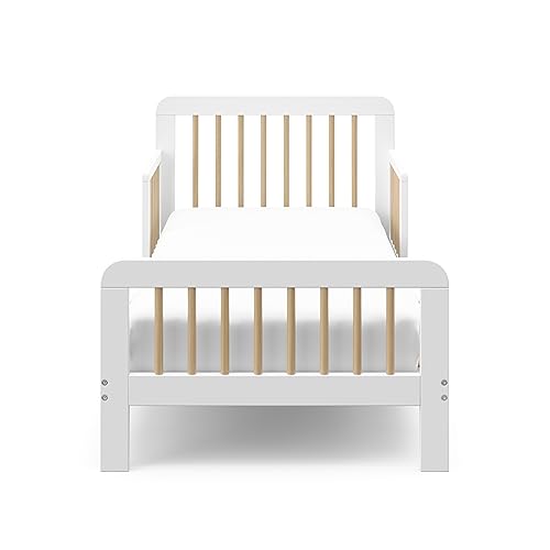 Storkcraft Pasadena Toddler Bed (White with Driftwood) - GREENGUARD Gold Certified, Fits Standard Full-Size Crib & Toddler Mattress, Toddler Safety Guardrails Included, Complete Design with Footboard Stork Craft