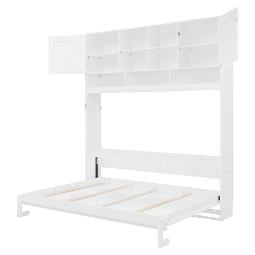SOFTSEA Queen Size Horizontal Murphy Bed with Shelves, Foldable Wall Bed with Top Cabinets, Space-Saving Hidden Murphy Bed Frame for Guest Room, Bedroom, Office, White SOFTSEA