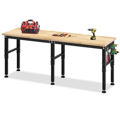 96'' Adjustable Workbench, 2500 LBS Load Capacity Heavy Duty Workstation with Power Outlets & Pegboard, Rubber Wood Top Worktable for Garage, Office,Workshop, Commercial