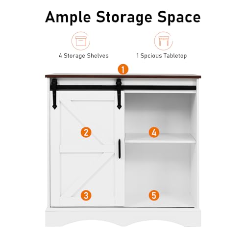 HOMFAMILIA 31.5" H Farmhouse Coffee Bar Cabinet w/Storage, White Kitchen Sideboard Buffet Cabinet with Sliding Barn Door, Rustic Accent Console with Adjustable Shelves, for Kitchen, Living Room HOMFAMILIA