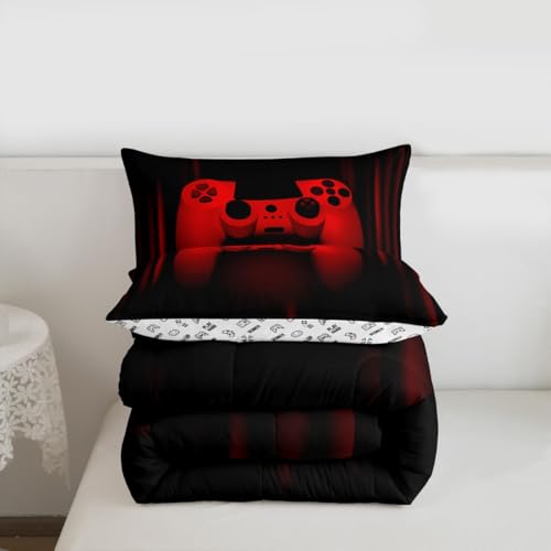 Feelyou Twin Comforter Set for Boys Gamer Bedding Set for Boys Kids Gaming Comforter Red Black Teen Child Gamer Room Decor Soft Game Geometric Duvet Quilted 1 Comforter with 1 Pillowcase Gamer Gifts Feelyou