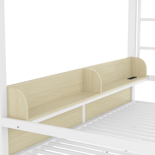 Bellemave Queen Over Queen Bunk Bed Frame with Storage Shelves & Drawers, Metal Bunk Bed Queen Over Queen with Charging Station & LED Lights, Space-Saving Beds Frame Convertible to Sofa Design, White Bellemave