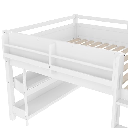 Bellemave Full Loft Bed with Storage Boxes and Bookshelves, Solid Wood Kids Loft Bed with Desk and Blackboard, Low Loft Beds Frame for Kids, Girls, Boys, Childlike Design, White Bellemave