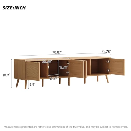 Merax Boho TV Stand for 80 Inch TV, 70" Rattan Entertainment Center with 2 Drawers and 3 Storage Cabinets, TV Media Console Table with Solid Wood Legs & Cable Holes for Living Room, Bedroom Merax