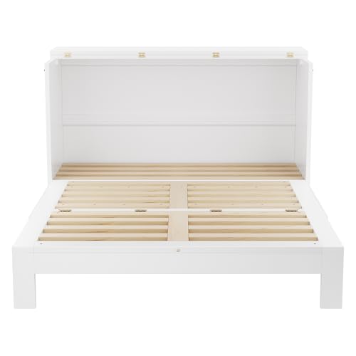 PVWIIK Full Murphy Bed with Storage Drawer & Charging Station for Home Office, Studio or Guest Room,Full Size Bed Frame Murphy Bed with USB Port,Space Saving Design, White PVWIIK