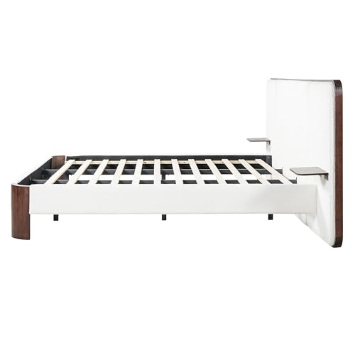 Merax King Size Upholstered Platform Bed Frame with Large Curved Headboard,Built-in Floating Shelves,Wood Slats and Metal Support for Bedroom,Noise-Free Merax