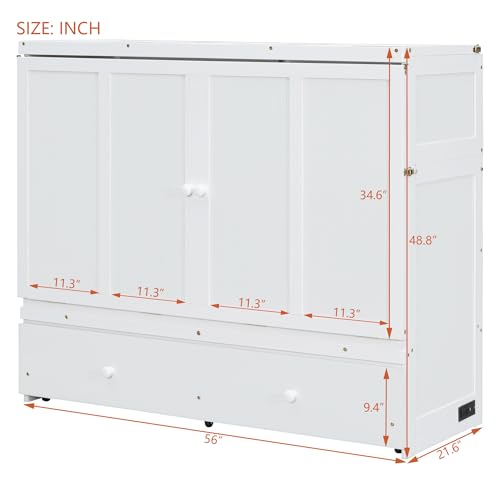 Merax Murphy Bed Cabinet Full Size with Storage Drawers, Chest Cube Bed for Guest Room, Built-in Sockets & USB Ports, for Home Office or Small Bedroom, White Merax