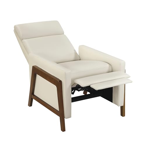 Lexicon Push Back Recliner Chair, Faux Leather Upholstered Reclining Chair with Footrest, Exposed Dark Brown Finish Wood Frame, Small Recliner for Small Space, Living Room, Bedroom, Light Beige