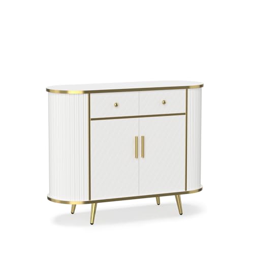 LUMIINOFAMI Sideboard Buffet Cabinet with Storage, 43.3'' Modern Coffee Bar Entryway Cabinet with Drawers, Console Table with Storage Gold Sealed Edge Luxury Style for Living Room, Hallway (White) LUMIINOFAMI
