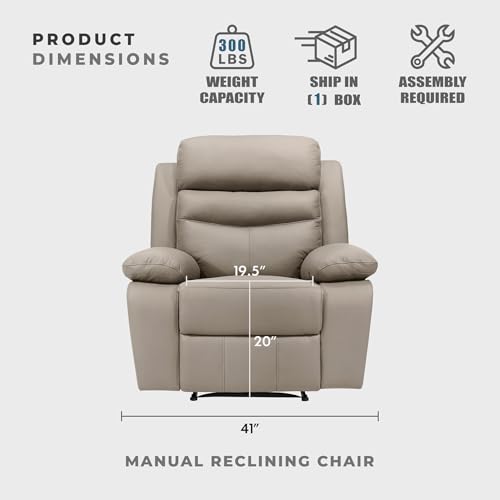 Lexicon 41" W Manual Reclining Chair, Top Grain Leather Match Recliner, Home Theater Seating, Wall Hugger Recliner, Manual Reclining Sofa Chair for Living Room/Office/Apartment, Latte