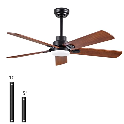 52-Inch Solid Wood with Remote Control with Light (LED) Modern DC DC Motor Indoor/Outdoor 5-Blade Ceiling Fan for Patios, Bedrooms and Farmhouses (Black + Walnut) dearnow