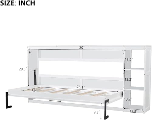 Virubi Twin Horizontal Murphy Bed with Storage Shelves,Wood Fold Up Modern Murphy Wall Bed Cabinet with Storage Bookcase for Adults (White,Twin) Virubi