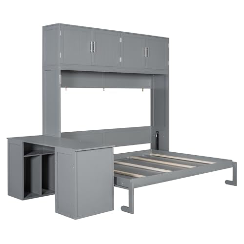 MaiDeHaoo Horizontal Queen Size Murphy Bed with Desk and Storage Drawers, Space Saving Wood Folding Wall Bed with Storage Shelves and Cabinets, Gray MaiDeHaoo