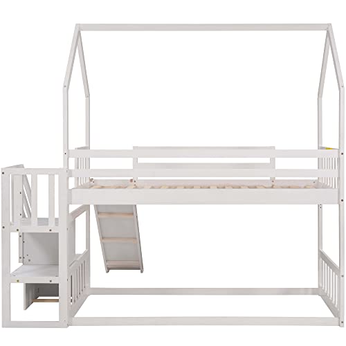 Twin Over Twin House Bunk Bed Frames with Slide and Storage Staircase, No Box Spring Needed, White Merax